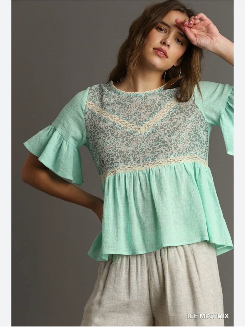 Umgee Ice Mint Mix Ruffled Sleeve Peplum Blouse large